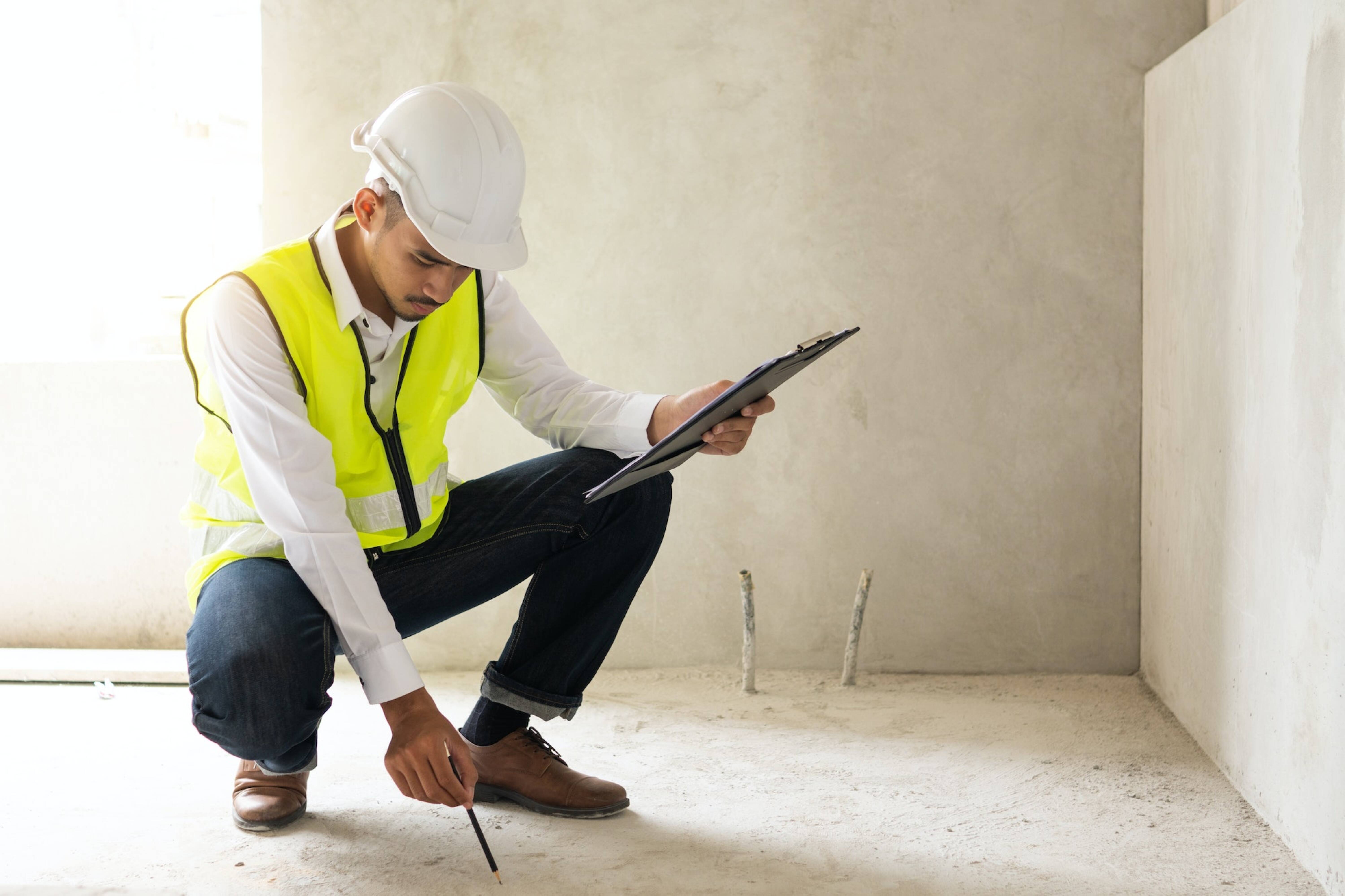 Inspector holding clipboard opening paper and checking building for renovation, Home inspection