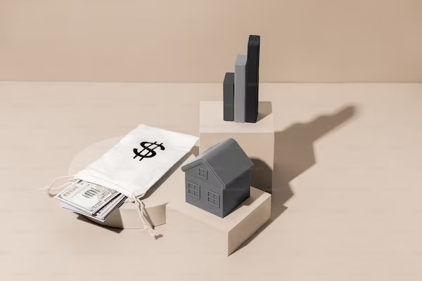 A paper bag with a dollar sign next to a miniature house.