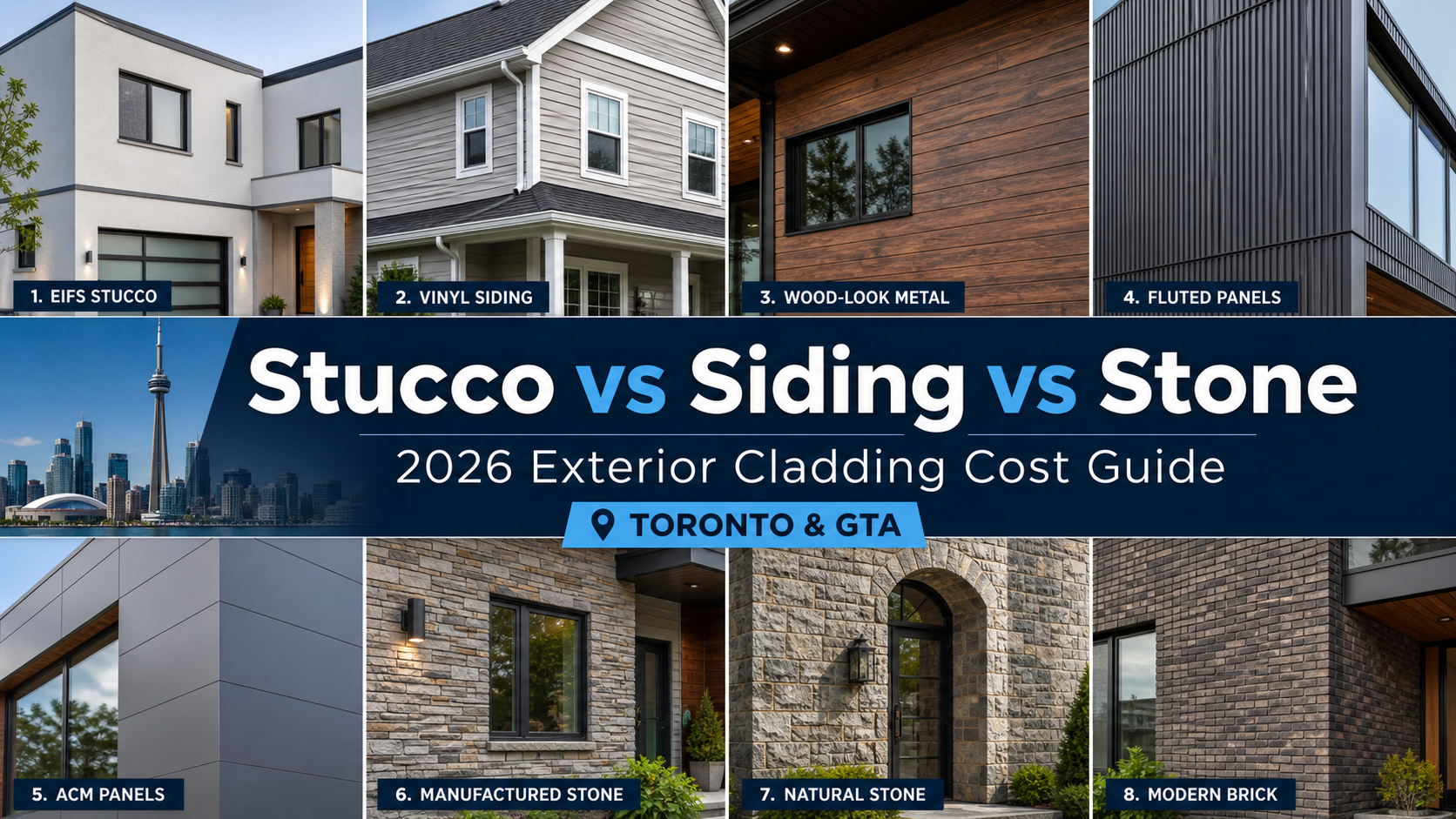 Compare stucco, siding, stone veneer, brick, ACM panels, and modern exterior cladding costs in Toronto and the GTA for 2026. See installed prices, pros, cons, and what works best.